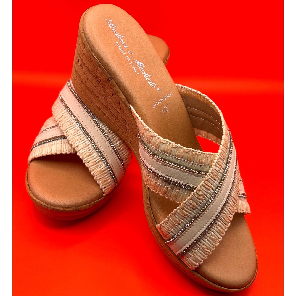 Andrea e Michele Raffia Rhinestone Cork Wedge Sandals Made in Italy Tan Size 7